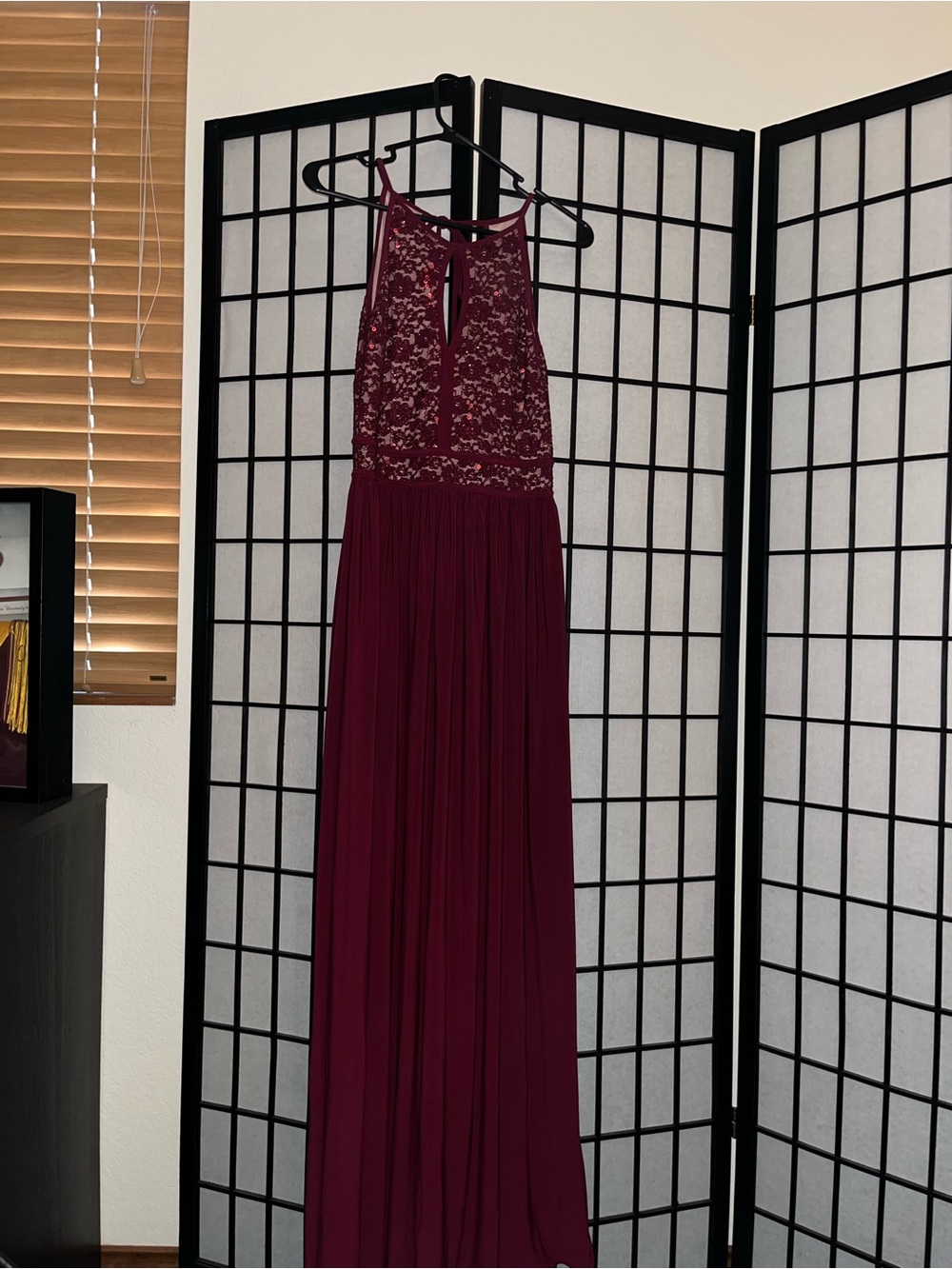 Morgan & Co. Burgundy Lace Halter Evening Gown
